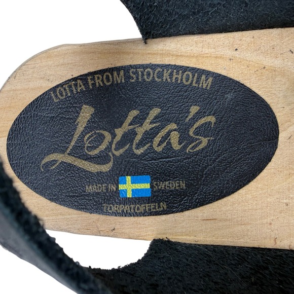 Lottas Stockholm Wood Clog Size 39 / 9 Sandals Buckle Ankle Strap Black Leather - Picture 8 of 10